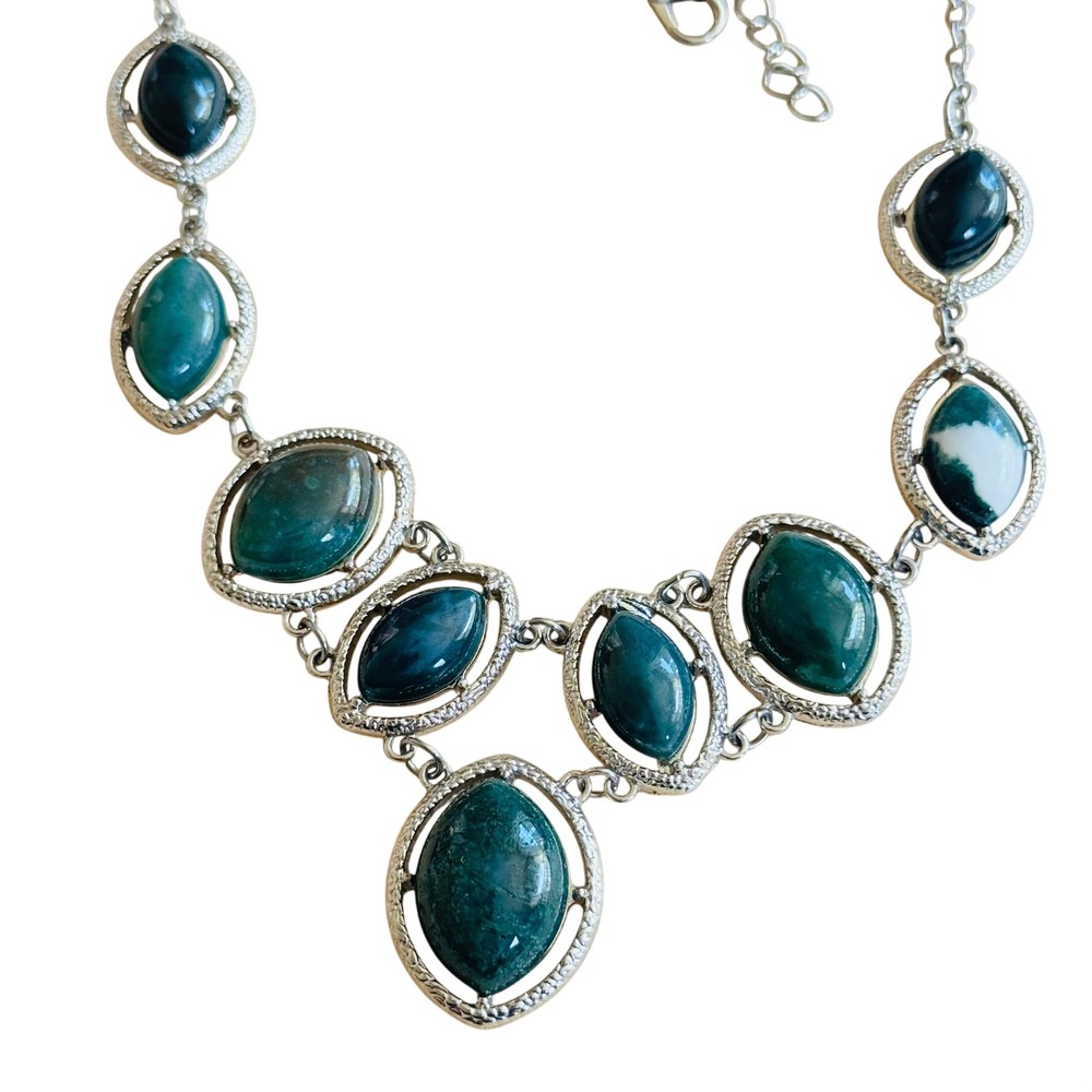 Collar Necklace Green Agate Silver Plated Statement Retro Boho‎ Festival Indie
